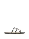 Valentino Black Calf Leather Bos Taurus Flat Sandals In Multi