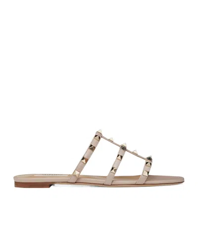 Valentino Garavani Rockstud Caged Calfskin Flat Sandals In White