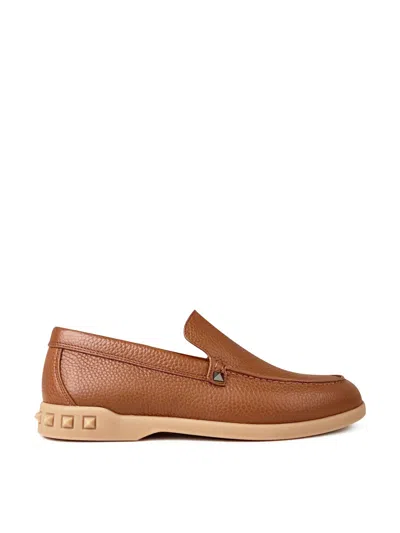 Valentino Garavani Tan Brown Rockstud Slip On Loafers