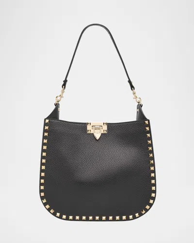 Valentino Garavani Rockstud Small Calfskin Hobo Bag In Nero