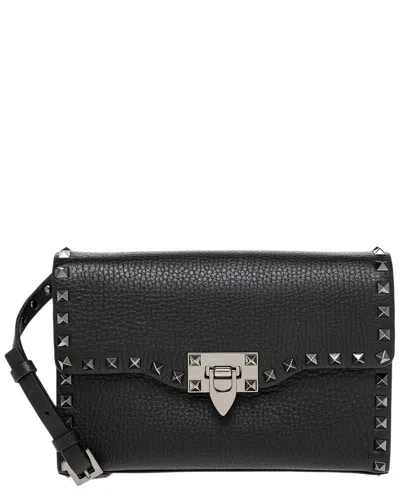 Valentino Garavani Rockstud Small Grainy Leather Crossbody In Black