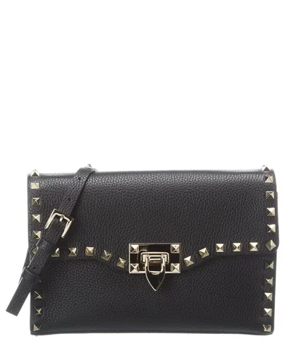 Valentino Garavani Grainy Calfskin Rockstud Flip Lock Flap Small Crossbody In Black