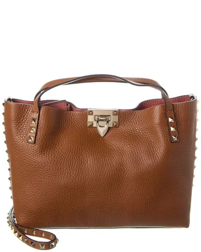 Valentino Garavani Valentino Rockstud Small Grainy Leather Tote In Brown