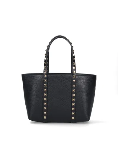 Valentino Garavani Rockstud Mini Tote In Hammered Leather In Black