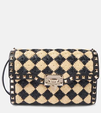 Valentino Garavani Rockstud Small Raffia-effect Shoulder Bag In Black