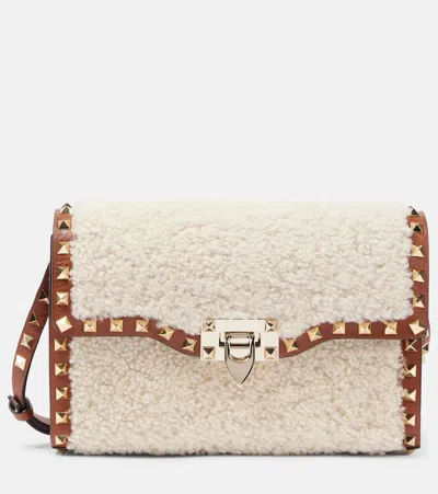 Valentino Garavani Rockstud Small Shearling Shoulder Bag In Neutrals