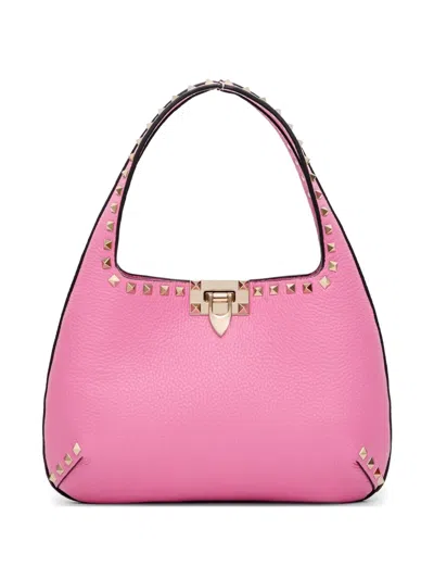 Valentino Garavani Rockstud Small Shoulder Bag In Grainy Calfskin In Pink