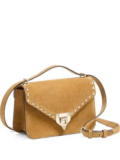 Valentino Garavani Rockstud Small Shoulder Bag In Suede Woman Havana Beige Uni In Brown