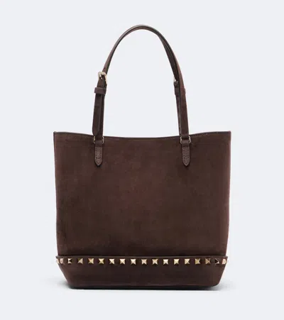 Valentino Garavani Rockstud Small Suede Tote Bag In Brown