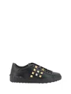 Valentino Studded Leather Sneakers Rubber Sole In Nero/antique Brass/antique Silver
