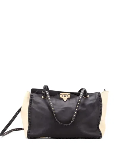 Pre-owned Valentino Garavani Rockstud Soft Leather Medium Tote Bag In Black