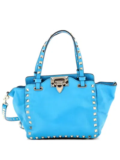 Pre-owned Valentino Garavani Rockstud Soft Leather Small Tote Bag In Blue