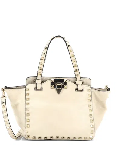 Pre-owned Valentino Garavani Rockstud Soft Leather Small Tote Bag In Neutral