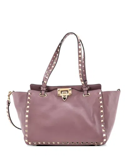 Pre-owned Valentino Garavani Rockstud Soft Leather Small Tote Bag In Purple