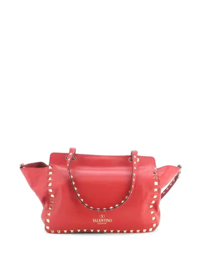Pre-owned Valentino Garavani Rockstud Soft Leather Small Tote Bag In Red