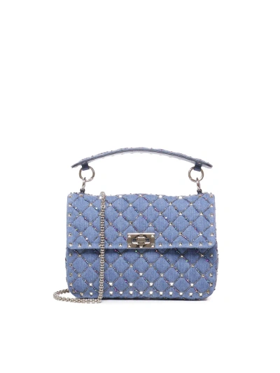 Valentino Garavani Rockstud Spike Bag In Cotton Denim In Denim/multicolor/avio