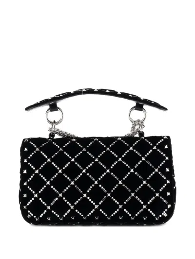 Pre-owned Valentino Garavani Rockstud Spike Flap Bag Crystal Embellished Quilted Velvet Small Shoulder Bag In Black