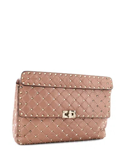 Pre-owned Valentino Garavani Rockstud Spike Flap Bag Quilted Leather Large Shoulder Bag In Neutral