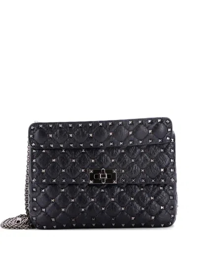 Pre-owned Valentino Garavani Rockstud Spike Flap Bag Quilted Leather Medium Crossbody Bag In Black