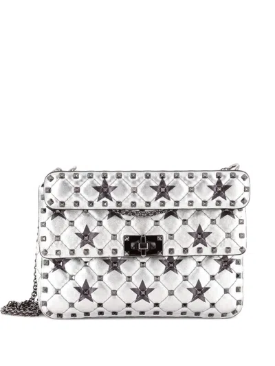 Pre-owned Valentino Garavani Rockstud Spike Flap Bag Quilted Leather Medium Crossbody Bag In Green