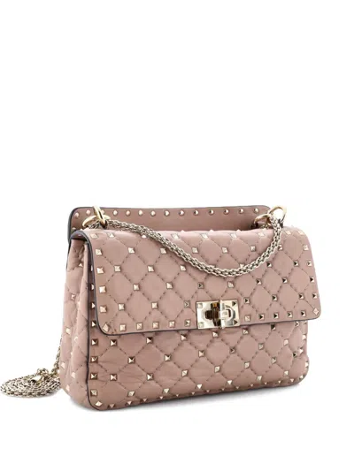 Pre-owned Valentino Garavani Rockstud Spike Flap Bag Quilted Leather Medium Crossbody Bag In Neutral