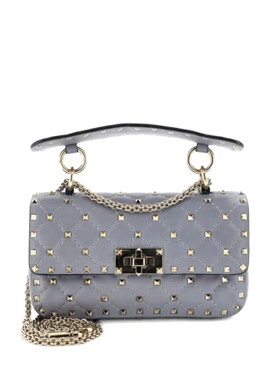 Pre-owned Valentino Garavani Rockstud Spike Flap Bag Quilted Leather Small Crossbody Bag In Blue