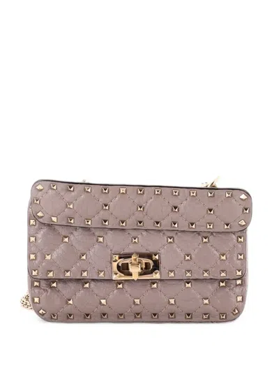 Pre-owned Valentino Garavani Rockstud Spike Flap Bag Quilted Leather Small Crossbody Bag In Grey