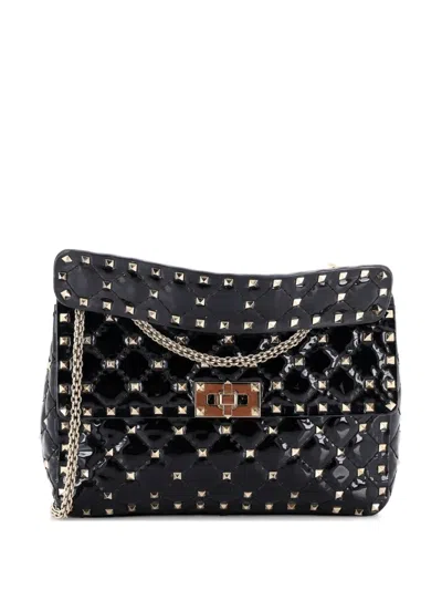Pre-owned Valentino Garavani Rockstud Spike Flap Bag Quilted Patent Medium Shoulder Bag In Black