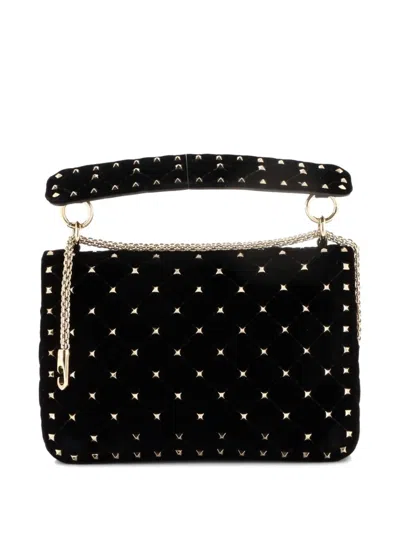Pre-owned Valentino Garavani Rockstud Spike Flap Bag Quilted Suede Medium Shoulder Bag In Black