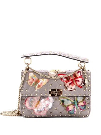 Pre-owned Valentino Garavani Rockstud Spike Flap Bag Sequin Embellished Quilted Leather Medium Shoulder Bag In Gray
