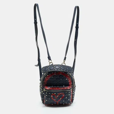 Pre-owned Valentino Garavani Rockstud Spike Mini Navy Blue/red Quilted Leather Backpack