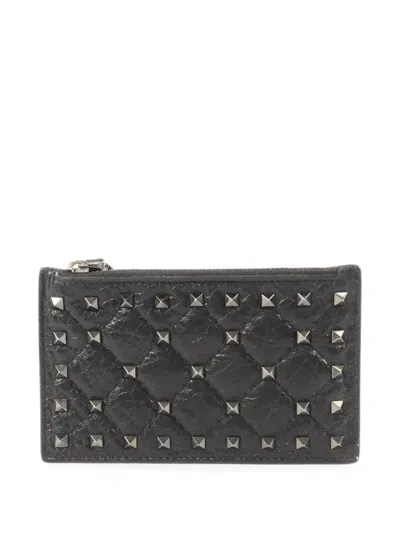 Pre-owned Valentino Garavani Rockstud Spike Quilted Card Case In Black