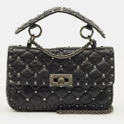 Pre-owned Valentino Garavani Rockstud Spike Small Black Quilted Leather Top Handle Bag