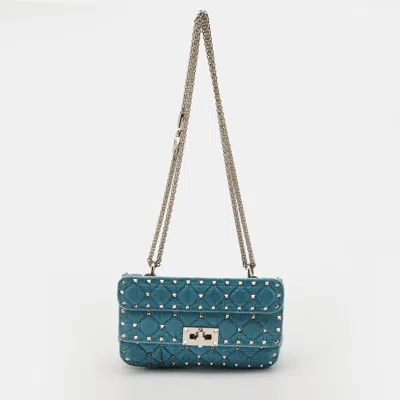 Pre-owned Valentino Garavani Rockstud Spike Small Blue Quilted Velvet Top Handle Bag