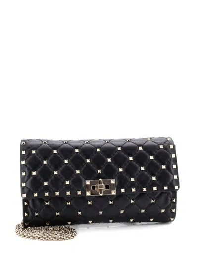 Pre-owned Valentino Garavani Rockstud Spike Wallet On Chain Quilted Leather Small Crossbody Bag In Black