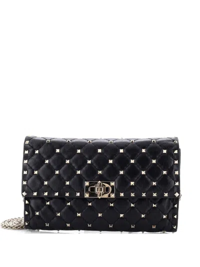 Pre-owned Valentino Garavani Rockstud Spike Wallet On Chain Quilted Leather Small Crossbody Bag In Black