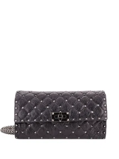 Pre-owned Valentino Garavani Rockstud Spike Wallet On Chain Quilted Leather Small Crossbody Bag In Black