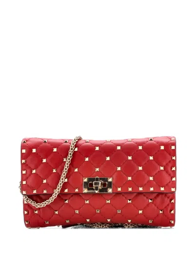 Pre-owned Valentino Garavani Rockstud Spike Wallet On Chain Quilted Leather Small Crossbody Bag In Red