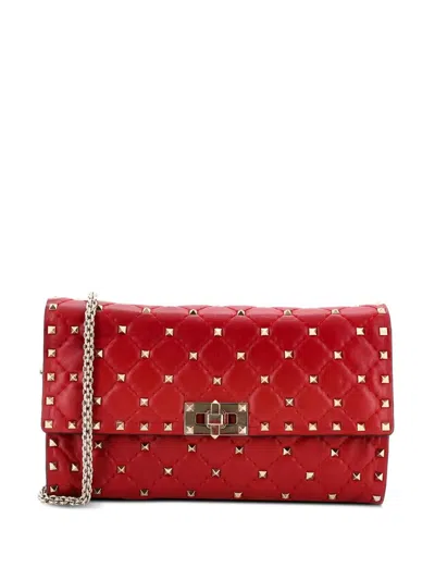 Pre-owned Valentino Garavani Rockstud Spike Wallet On Chain Quilted Leather Small Crossbody Bag In Red
