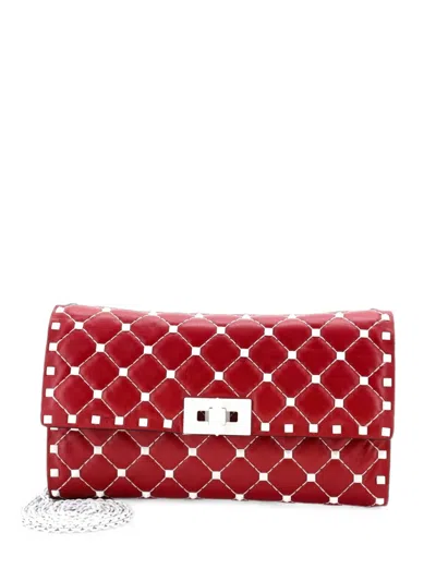 Pre-owned Valentino Garavani Rockstud Spike Wallet On Chain Quilted Leather Small Crossbody Bag In Red