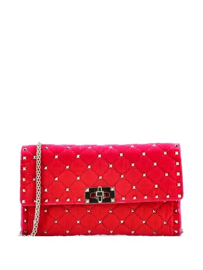 Pre-owned Valentino Garavani Rockstud Spike Wallet On Chain Quilted Velvet Small Crossbody Bag In Pink