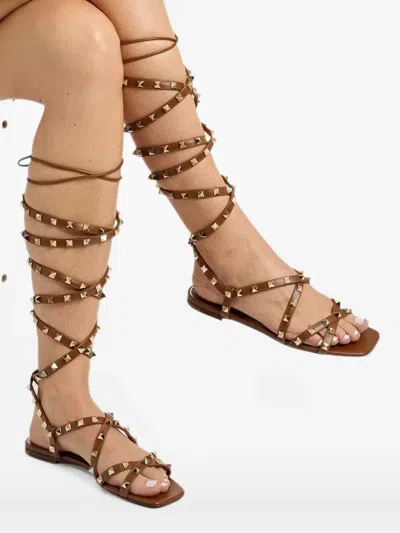 Pre-owned Valentino Garavani Rockstud Strappy Sandals In Brown