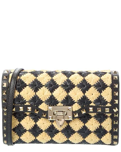Valentino Garavani Valentino Rockstud Straw & Leather Shoulder Bag In Multi