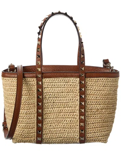 Valentino Garavani Valentino Rockstud Straw & Leather Tote In Beige