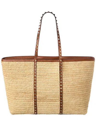Valentino Garavani Valentino Rockstud Straw & Leather Tote In Pattern