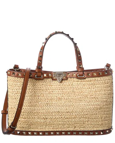 Valentino Garavani Valentino Rockstud Straw & Leather Tote In Pattern
