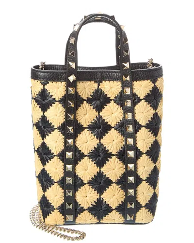 Valentino Garavani Valentino Rockstud Straw & Leather Tote In Multi