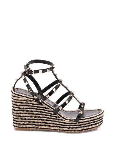 Valentino Garavani Valentino Rockstud Caged 95 Leather Wedge Sandal In Black