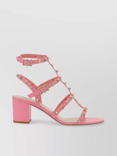 Valentino Garavani Rockstud Studs Block Heel Calfskin Sandals In Pink