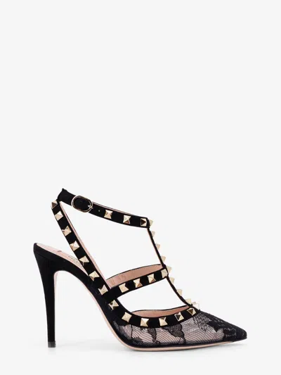 Valentino Garavani Rockstud Suede And Lace Pumps In Black